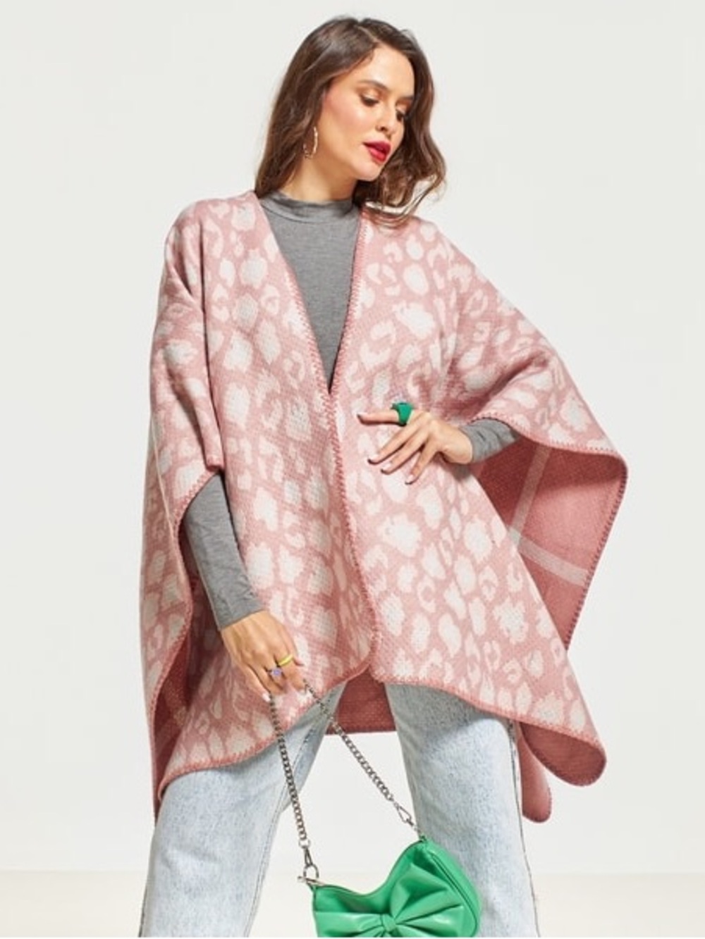 Reversible Pink Leopard Print Pink White Plaid‎ Knit Poncho Sweater Cape Fleece